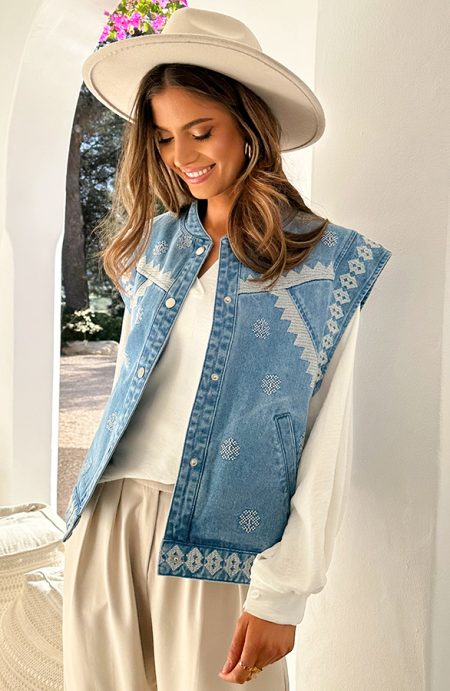 Embroidery Denim Gilet Schouderdetail