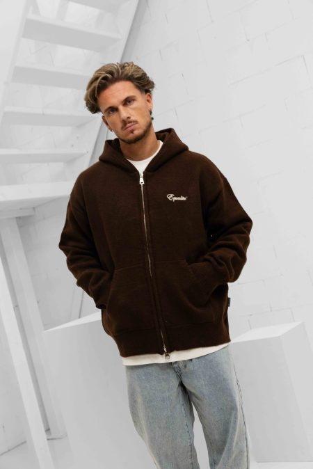 Equalité Fluffy Knit Oversized Full Zip Hoodie Heren Bruin - Maat L - Kleur: WitBruin | Soccerfanshop