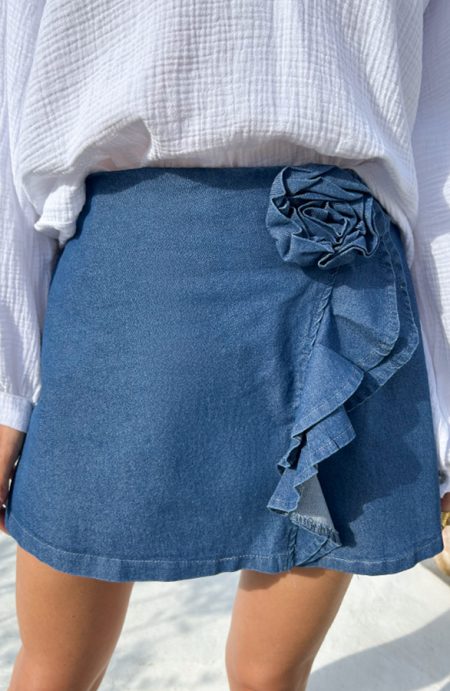 Flower Detail Skort Denim Blauw
