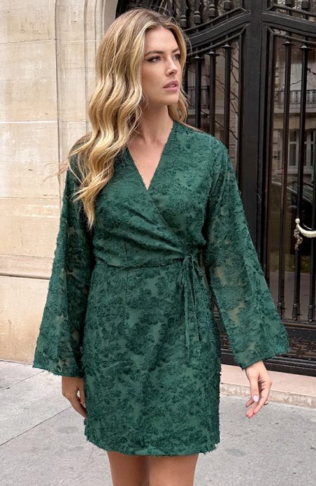 Fringe Wrap Jurk Wijde Mouw Smaragd