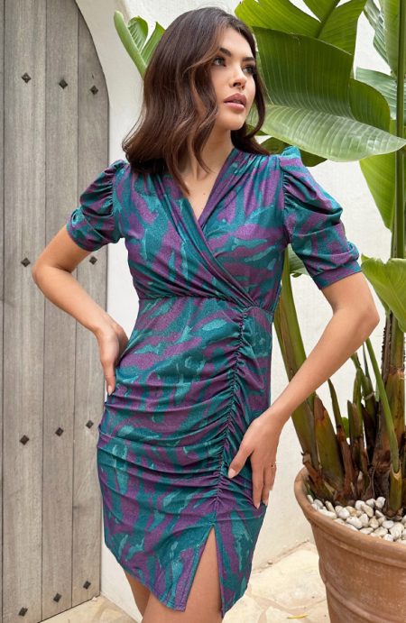 Gedrapeerde Print Jurk Met Pofmouwen Turquoise