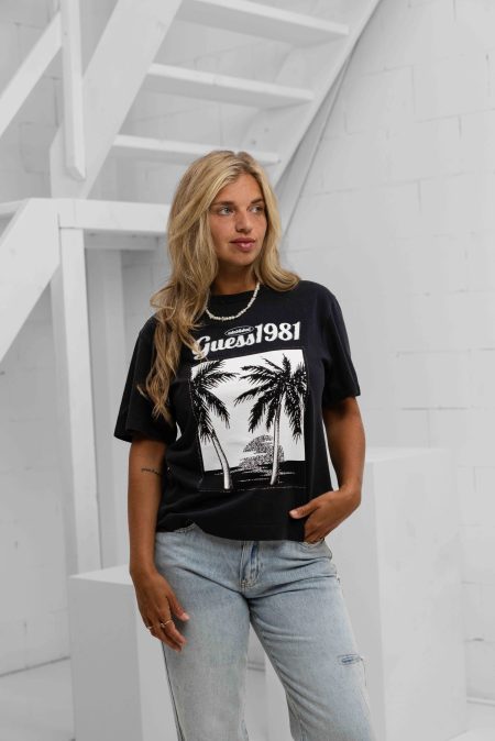 Guess Palm Print Washed T-Shirt Dames Donkergrijs - Maat M - Kleur: Donkergrijs | Soccerfanshop