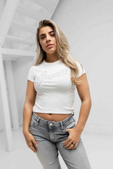 Guess Rib Logo T-Shirt Dames Wit - Maat L - Kleur: Wit | Soccerfanshop