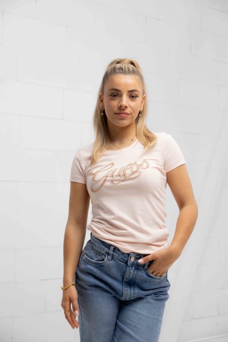 Guess Script T-Shirt Dames Roze - Maat XL - Kleur: Roze | Soccerfanshop