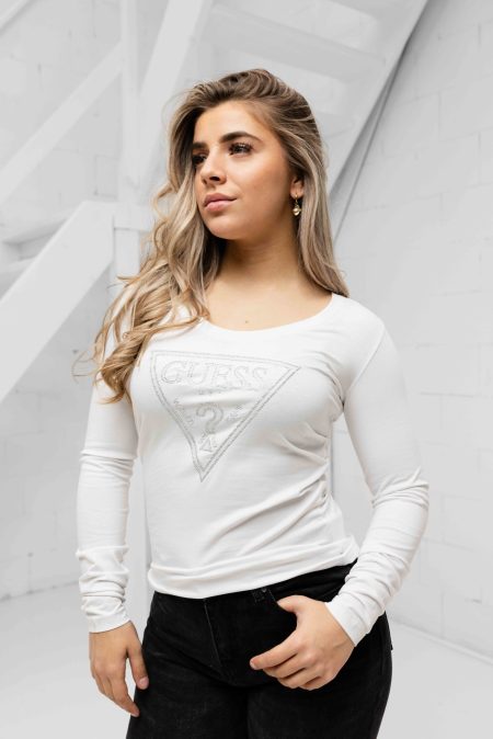 Guess Shiny Triangle T-Shirt Dames Wit - Maat S - Kleur: Wit | Soccerfanshop