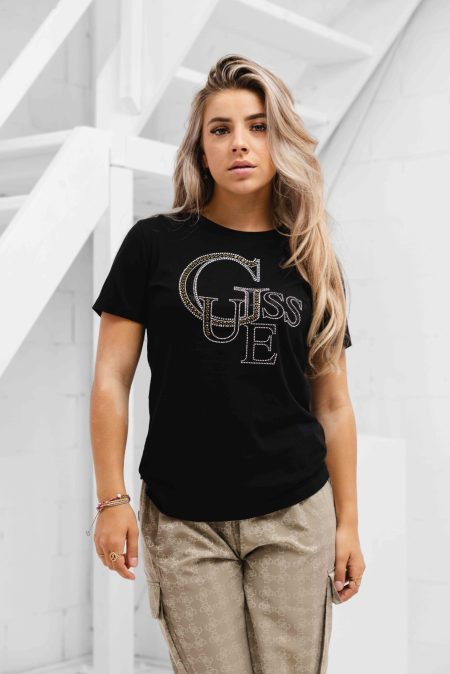 Guess Studded Logo T-Shirt Dames Zwart - Maat L - Kleur: Zwart | Soccerfanshop