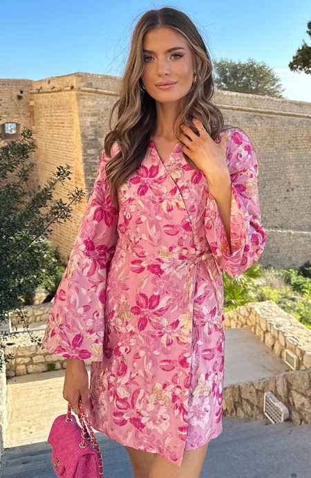 Jacquard Jurk Wijde Mouw Fuchsia