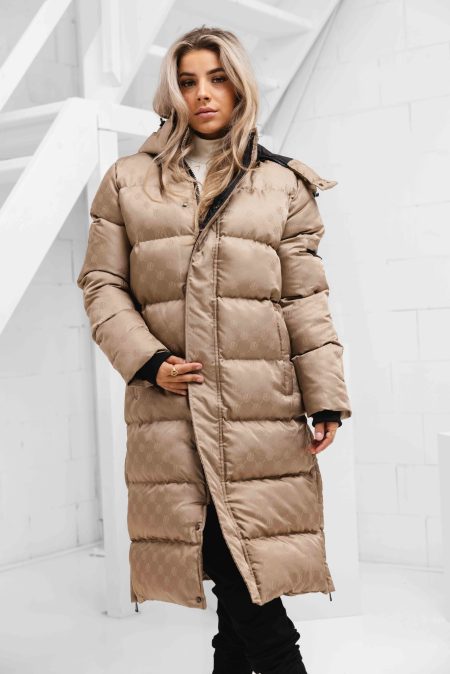 Malelions Monogram Long Puffer Winterjas Dames Bruin Gratis Malelions Muts & Sjaal t.w.v €90 - Maat L - Kleur: Bruin | Soccerfanshop