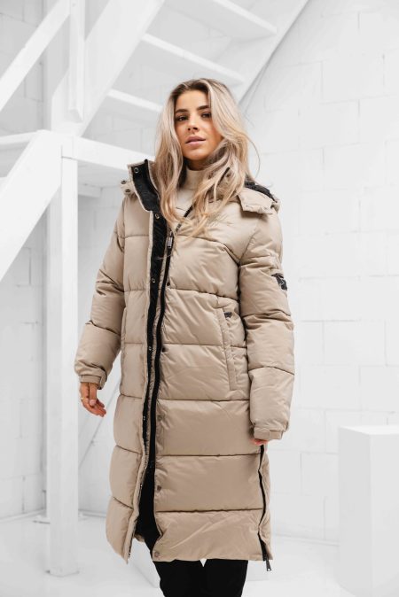 Malelions Signature Long Puffer Winterjas Dames Beige + Gratis Malelions muts en sjaal t.w.v €90