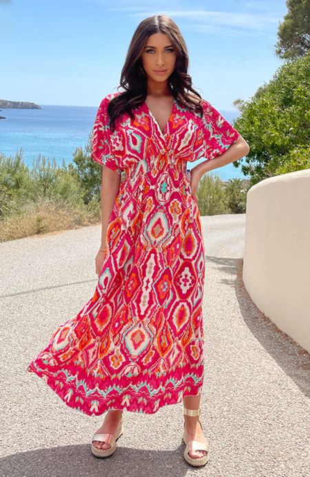 Maxi Dress Colorful Print Fuchsia