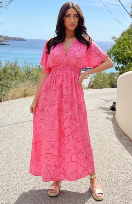 Maxi Dress Colorful Print Fuchsia Red