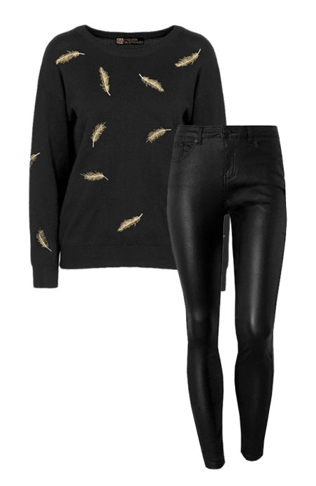 Musthave Deal Metallic Feather Trui Zwart + Coating Jeans Black