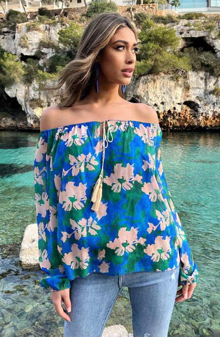 Off Shoulder Blouse Tropical Kobalt