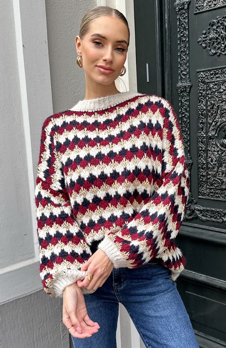 Oversized Lurex Trui Burgundy Beige