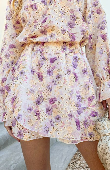Romantic Embroidery Flower Print Skort Lila