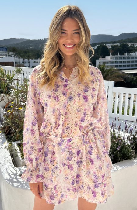 Romantic Embroidery Flower Print Blouse Lila