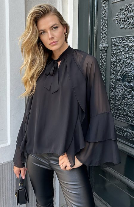 Ruffle Chiffon Strik Blouse Zwart