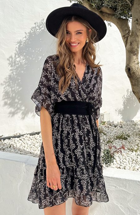 Ruffle Laagjes Jurk Lulu Print Zwart