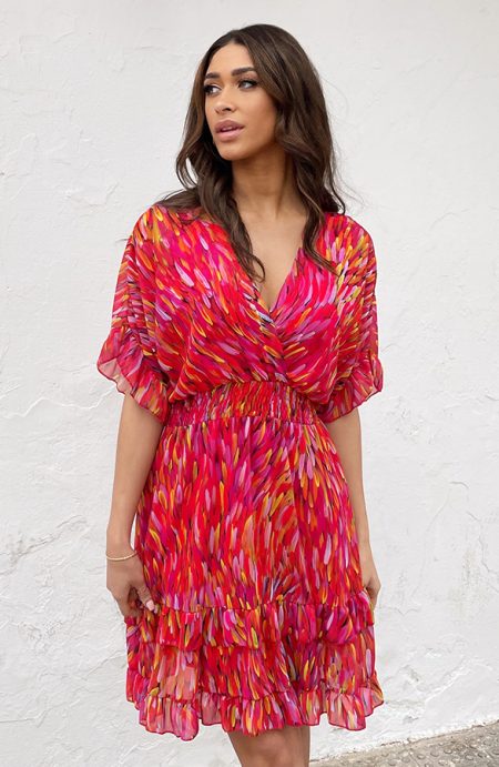 Ruffle Laagjes Jurk Print Rood Roze