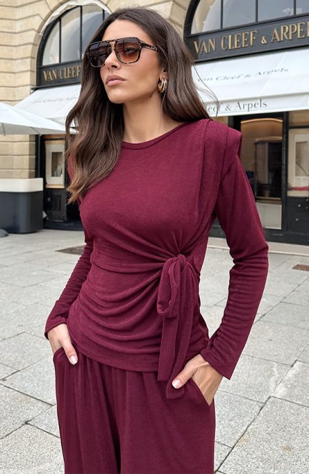 Schoudervulling Long Sleeve Stretch Top Burgundy