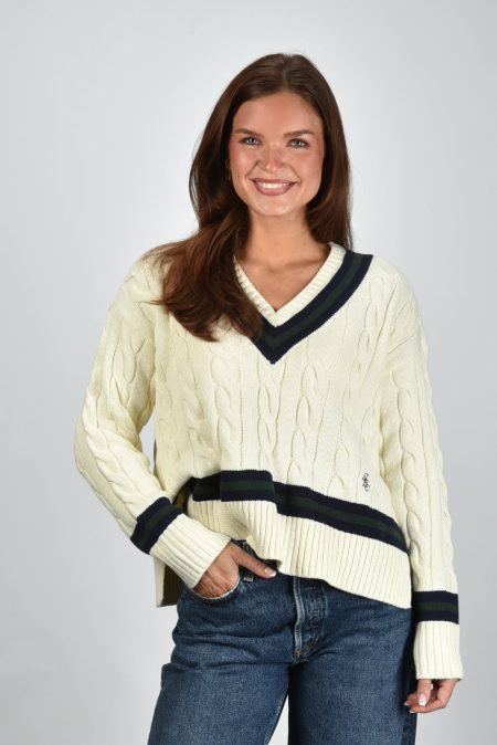 Sporty & Rich trui SRC Cableknit V-Neck WS06561302WH64 ecru/dark navy/forest