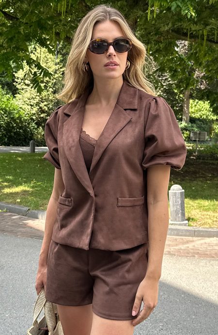 Suede Puff Sleeve Blazer Choco