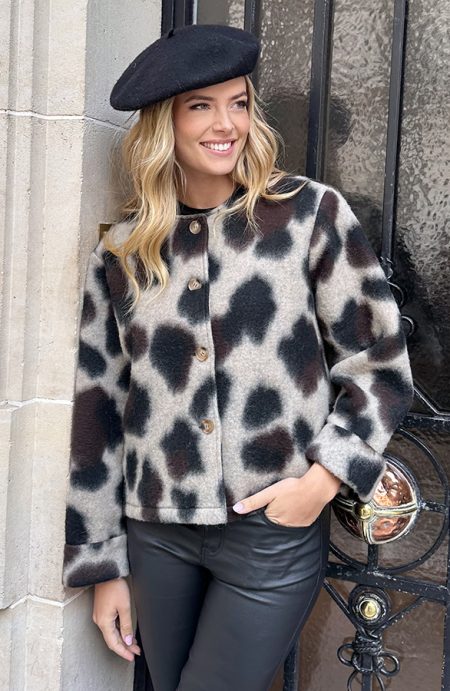 Woven Button Bomber Jacket Leopard Choco