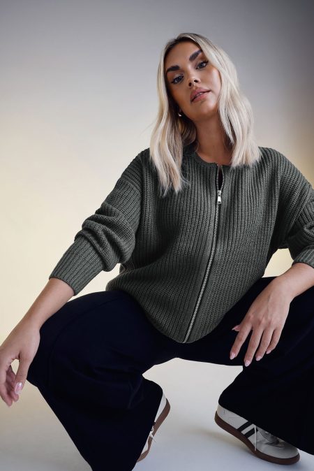 Yours Gebreid Bomberjack Met Rits In Donkergrijs