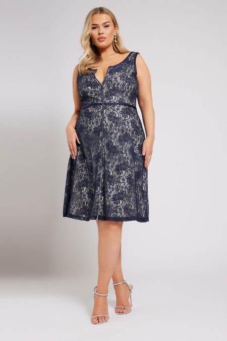 Yours London Mouwloze Skaterjurk Met Kant En Ritssluiting In Blauw