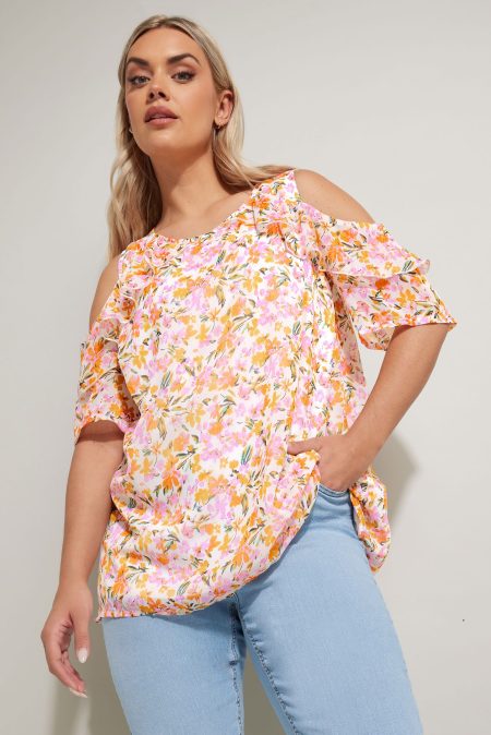 Yours Blouse Met Bloemenmotief En Blote Schouders Met Ruches In Roze/Oranje