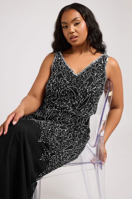 Luxe Curve Zwarte Maxijurk Met Paillettenversiering
