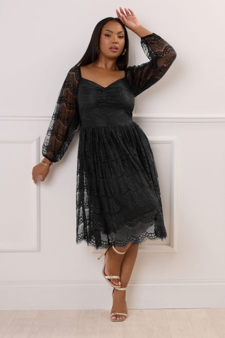 Yours London Kanten Midi Skaterjurk Met Sweetheart Halslijn In Zwart Size 58-60