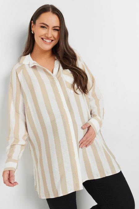 Bump It Up Maternity Overhemd Met Strepenprint En Borstzak In Beige/Wit