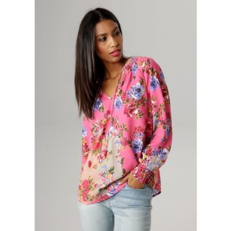 Aniston SELECTED Blouse zonder sluiting met sierparels aan de bindbanden en bloemenprint