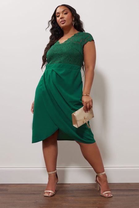 Yours London Midijurk Met Bloemenkant En Wikkelrok In Groen Size 58-60