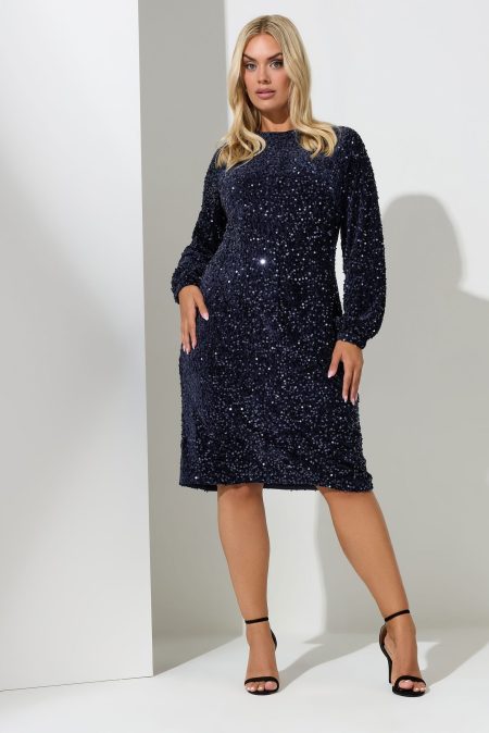 Yours London Shiftjurk Van Fluweel Met Pailletten En Lange Mouwen In Donkerblauw