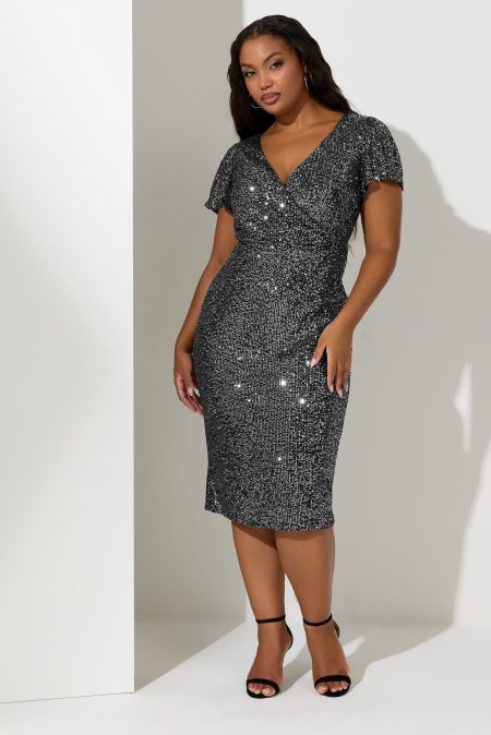 Yours London Midi Wikkeljurk Met Pailletten En Korte Mouwen In Zilver