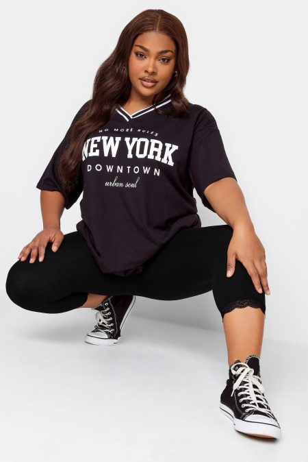 Yours For Good Curve Zwarte Katoenen Essential Kanten Trim Crop Legging