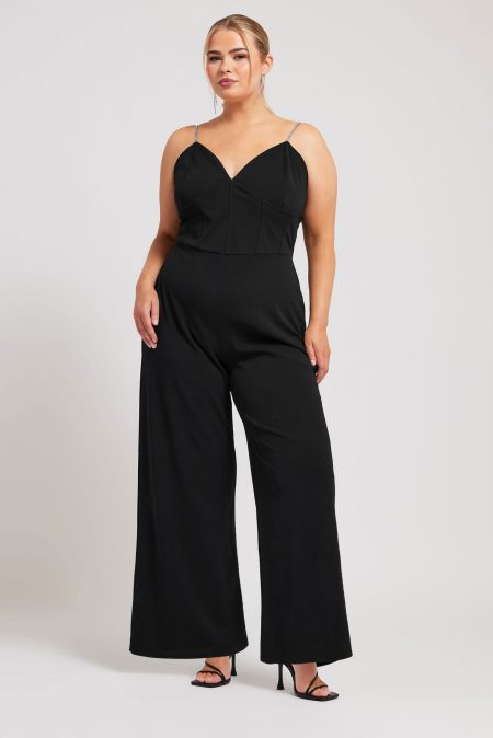 Yours London Jumpsuit Met Korset En Bandjes Met Diamantjes In Zwart