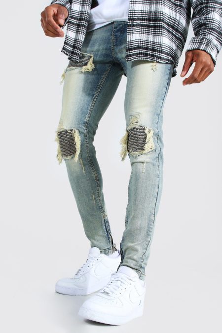 Stretch Biker Rip & Repair Skinny Jeans