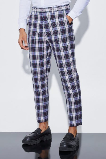 Toelopende Tartan Broek Met Omgeslagen Zoom