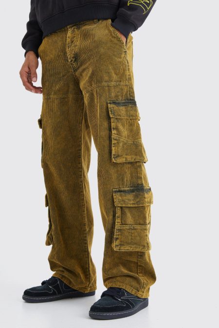 Baggy Acid Wash Gebleekte Corduroy Cargo Broek Met Zakken