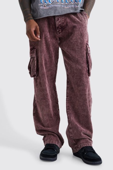 Baggy Acid Wash Gebleekte Corduroy Cargo Broek