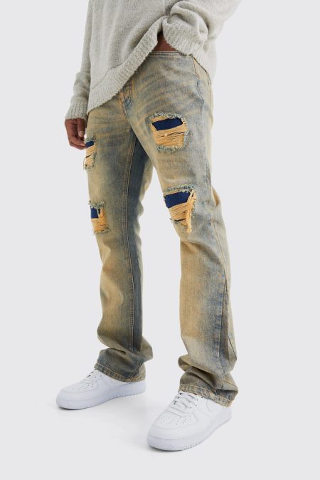 Onbewerkte Slim Fit Rip & Repair Jeans Met Wijd Uitlopende Pijpen