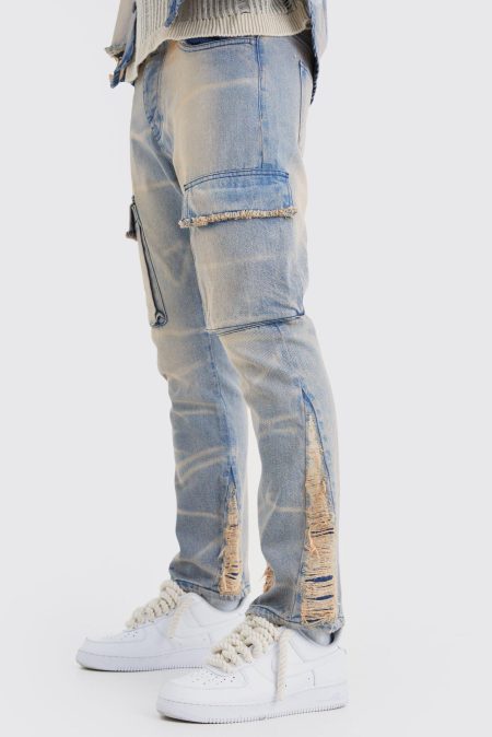 Onbewerkte Overdye Versleten Cargo Flared Slim Fit Jeans