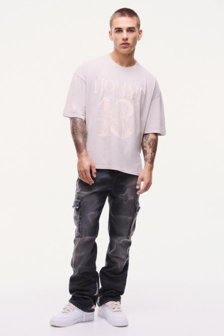 Onbewerkte Overdye Versleten Cargo Flared Slim Fit Jeans