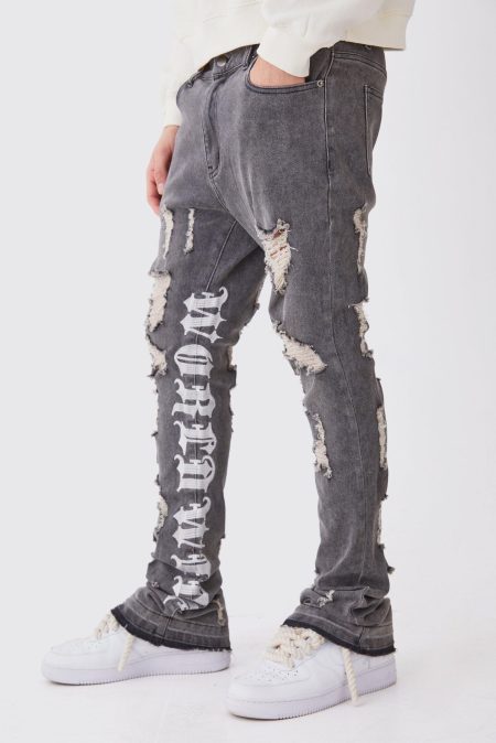 Stacked Versleten Geborduurde Stretch Skinny Jeans Met Gusset Detail