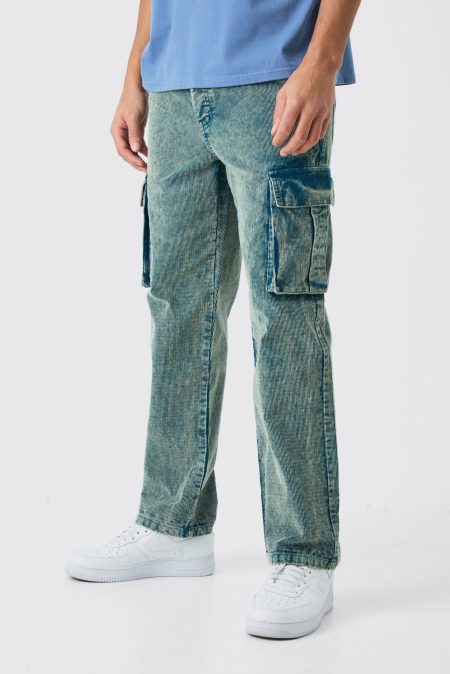 Baggy Cargo Acid Wash Gebleekte Corduroy Broek In Marineblauw