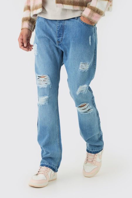 Flared Slim Fit Jeans Met Gescheurde Knieën En Losvallende Zoom