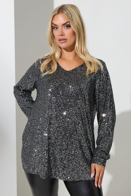 Yours London Top Met Paillettenversiering En Vhals In Zilver